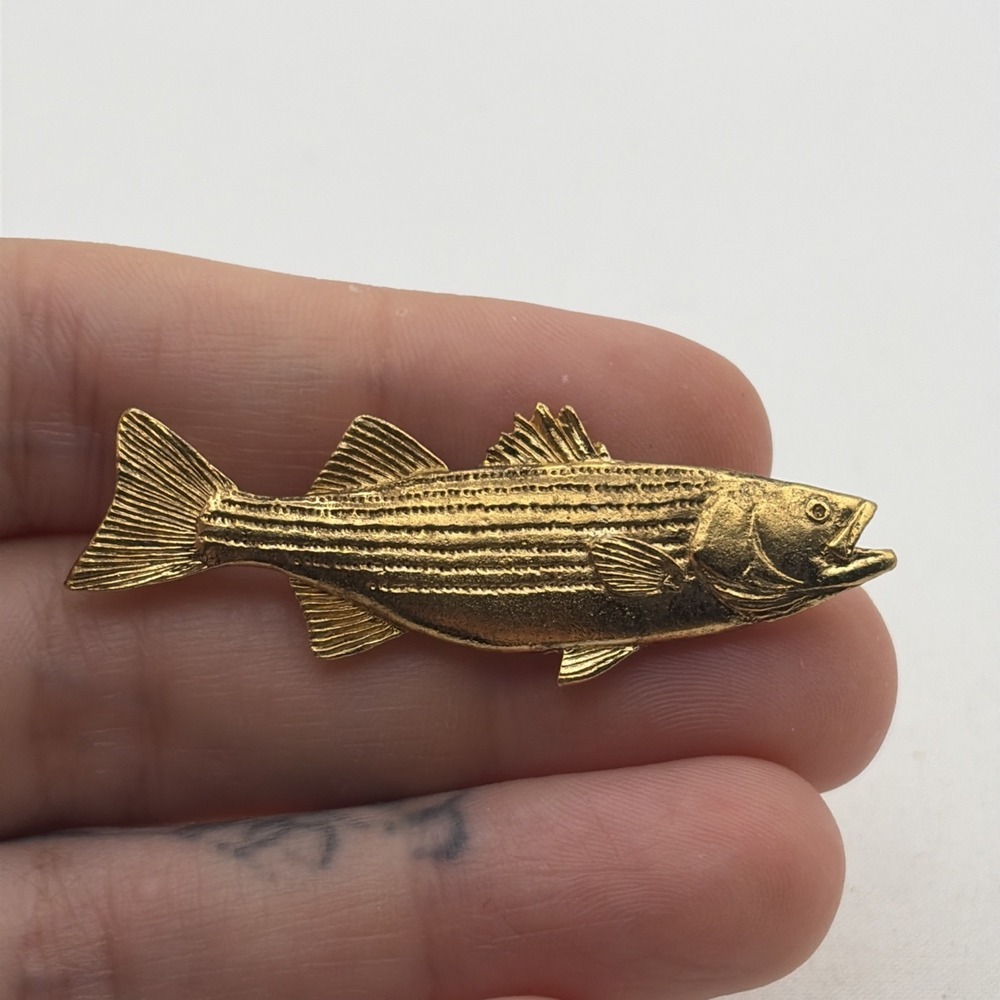 Vintage 1989 Striped Bass Fish Gold Tone Fine Pewter GG Harris Lapel Hat Pin